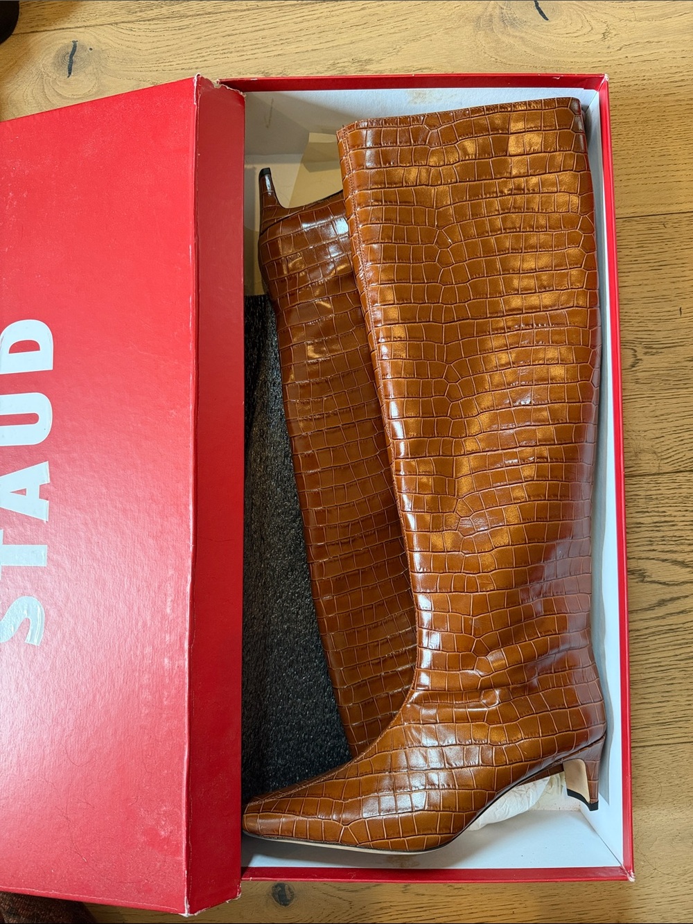 STAUD Croc-Embossed Tall Pointed-Toe Boots - Chestnut